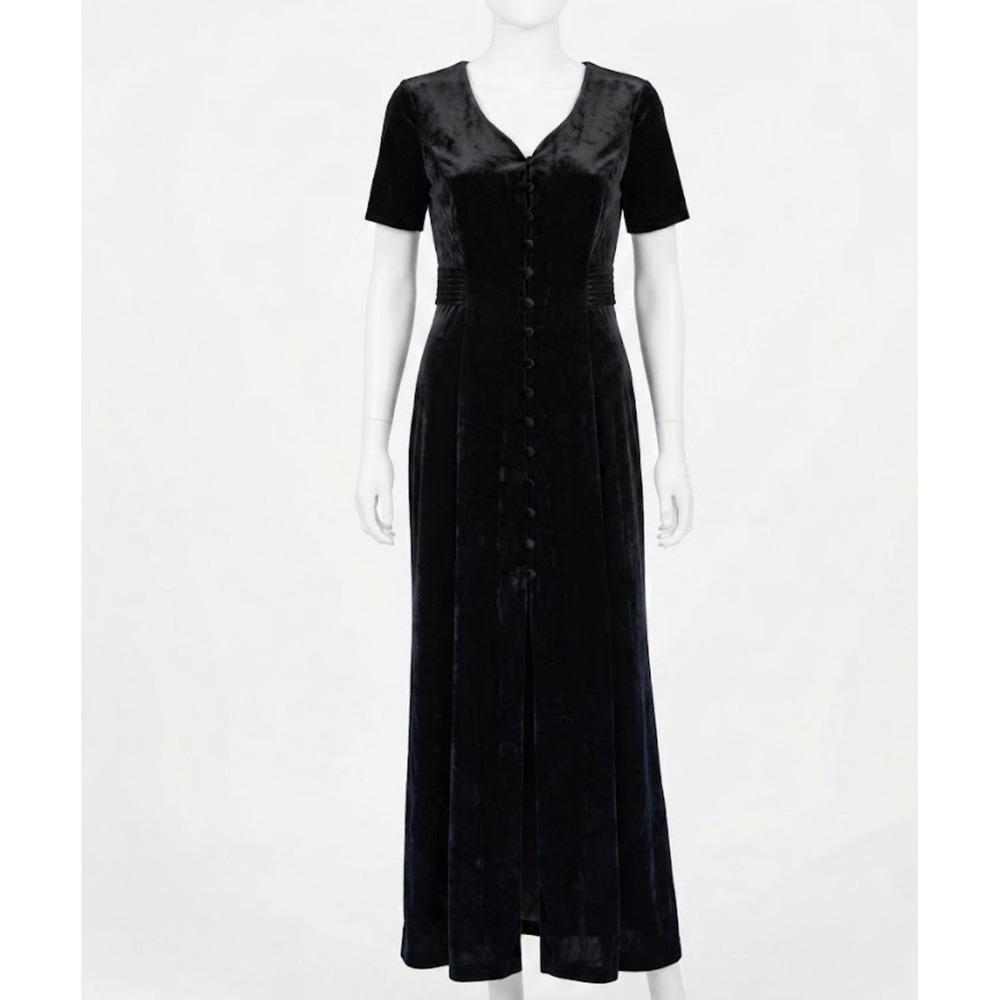 90's Midnight Black Crushed Velvet Button Front Maxi Dress Sz 10 Goth Whimsigoth